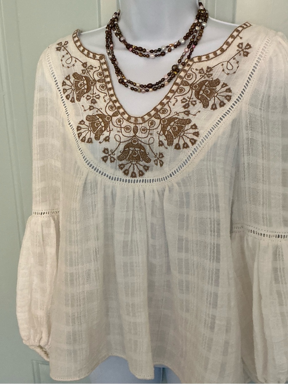 Max Studio White Tunic with Brown Floral Embroidery